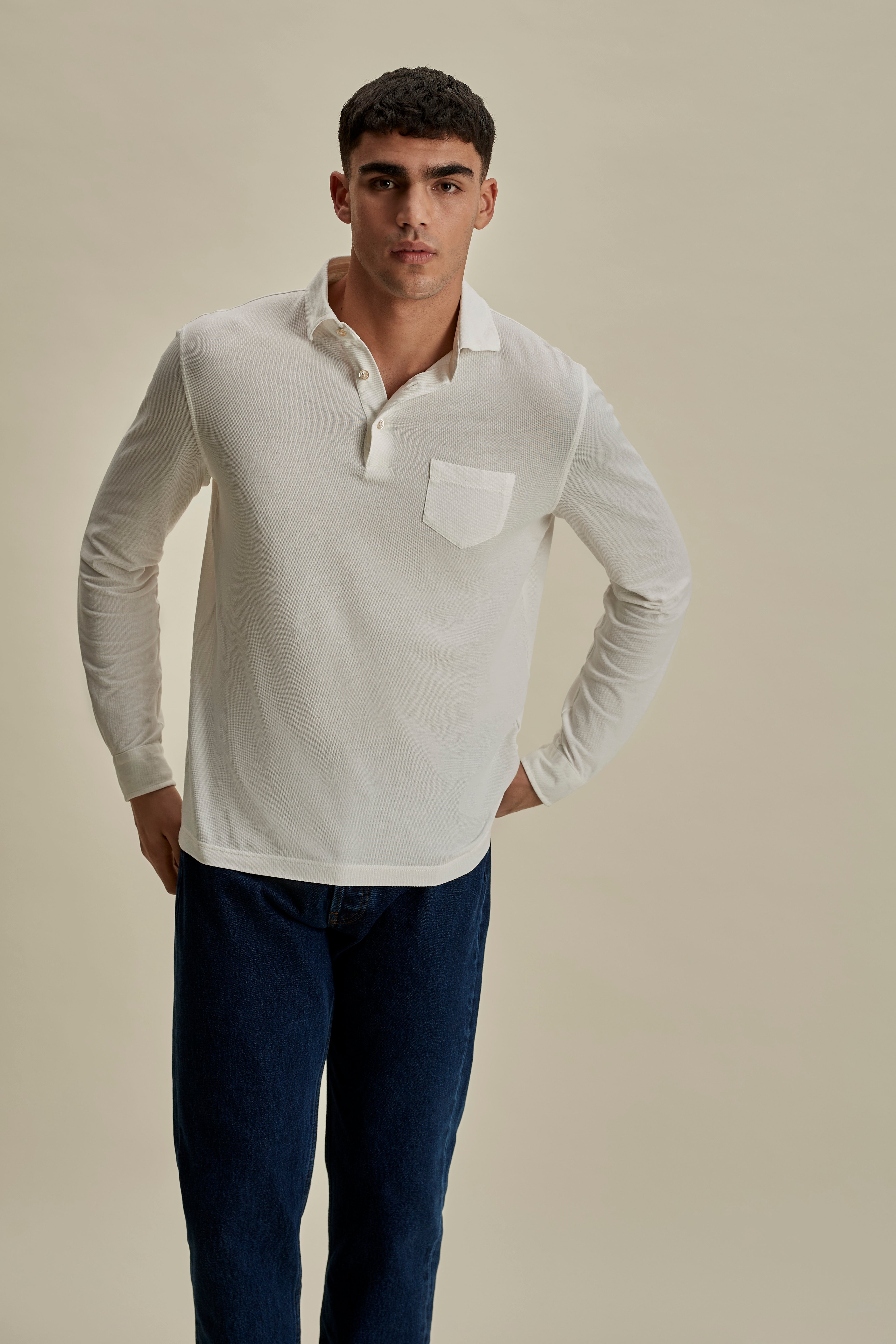 Cotton Pique Long Sleeve Polo Shirt Off White Mid Crop Model Image