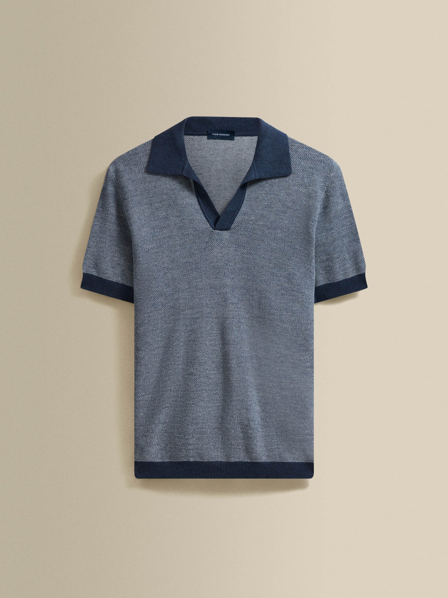Cotton Linen Contrast Knitted Polo Shirt Dark Navy Product Image