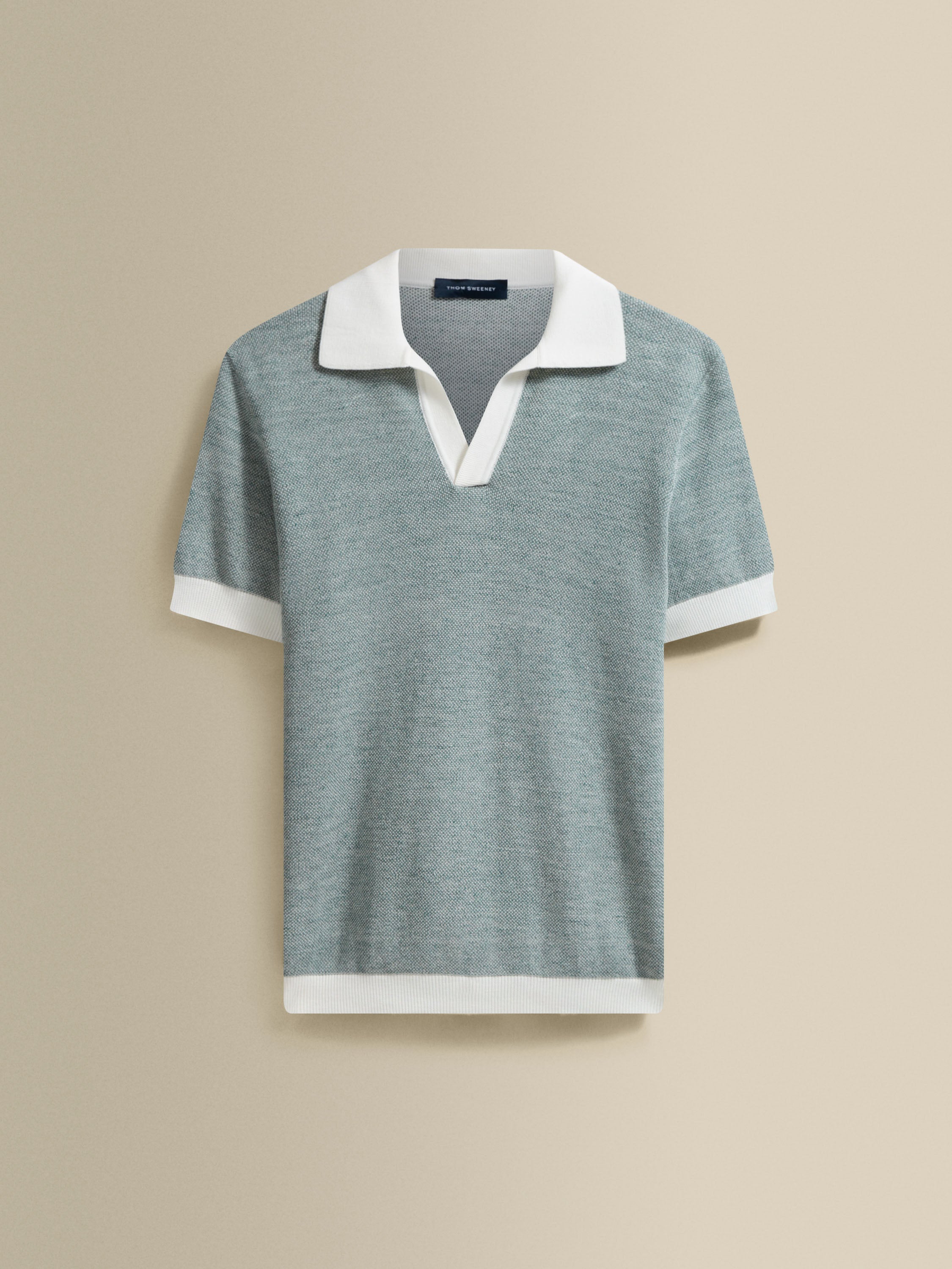 Cotton Linen Contrast Knitted Polo Shirt Mid Green Product Image