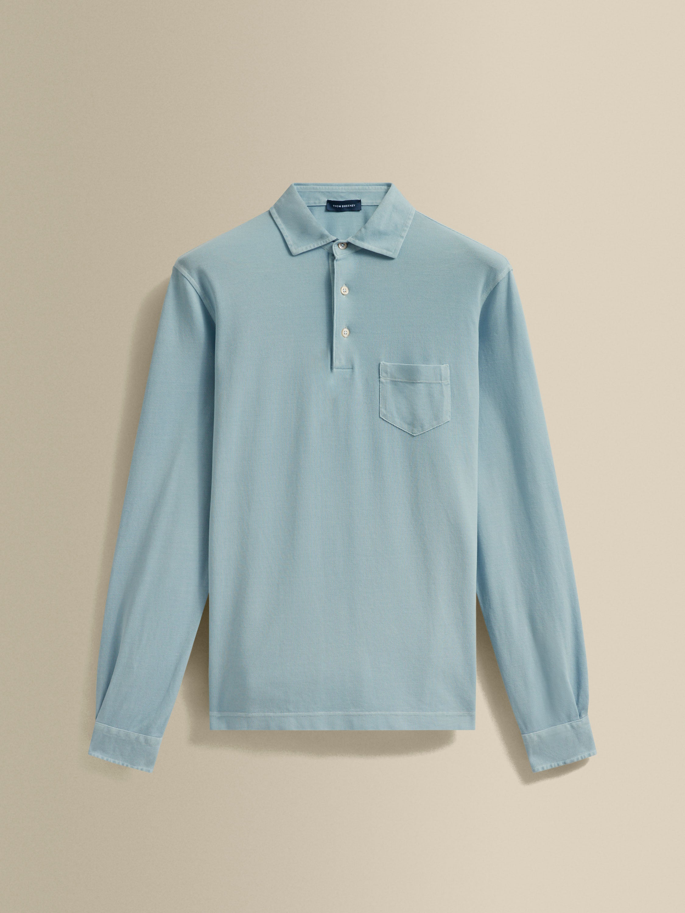 Cotton Pique Long Sleeve Polo Shirt Light Blue Product Image