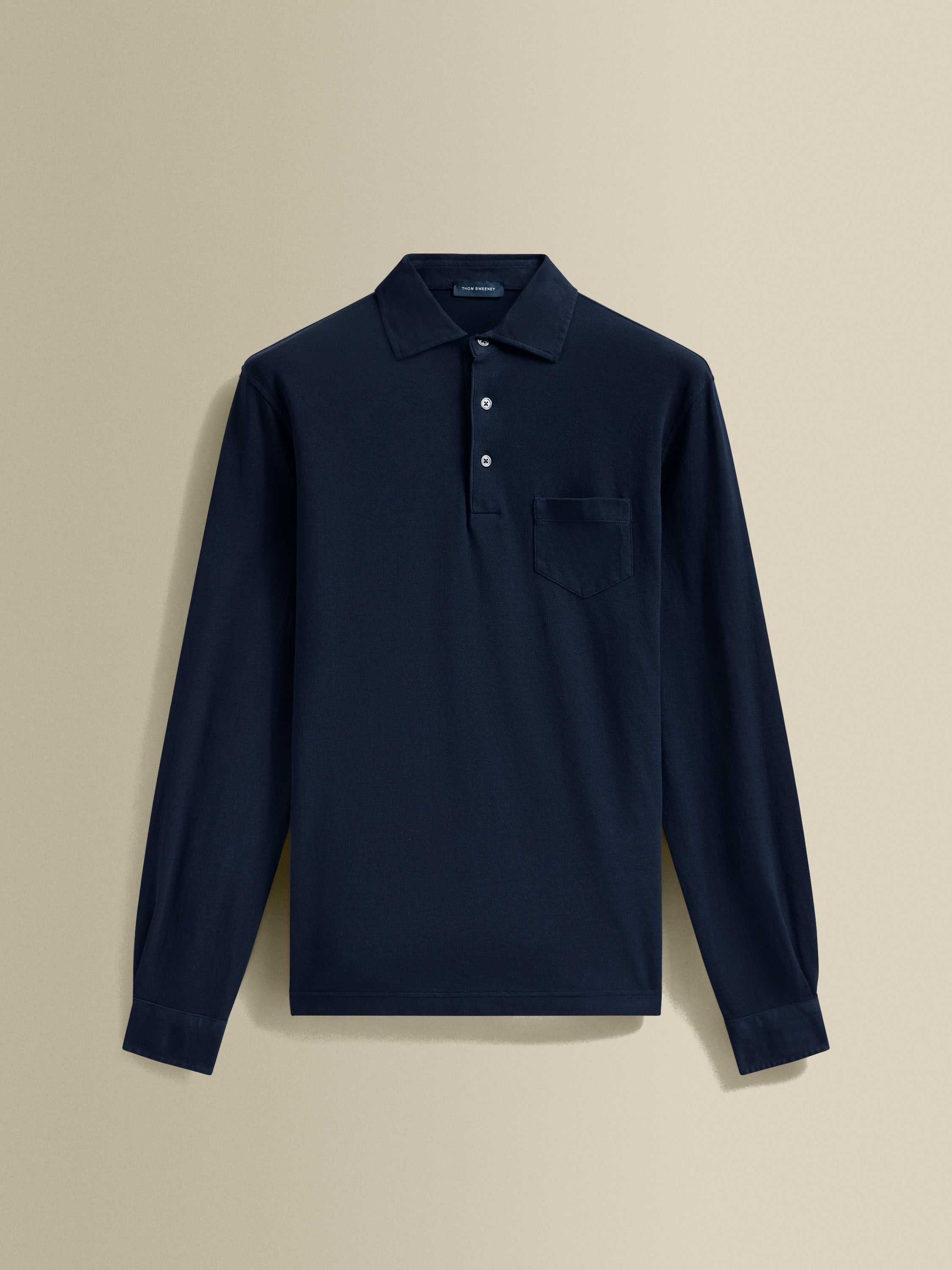 Cotton Pique Long Sleeve Polo Shirt Navy Product Image