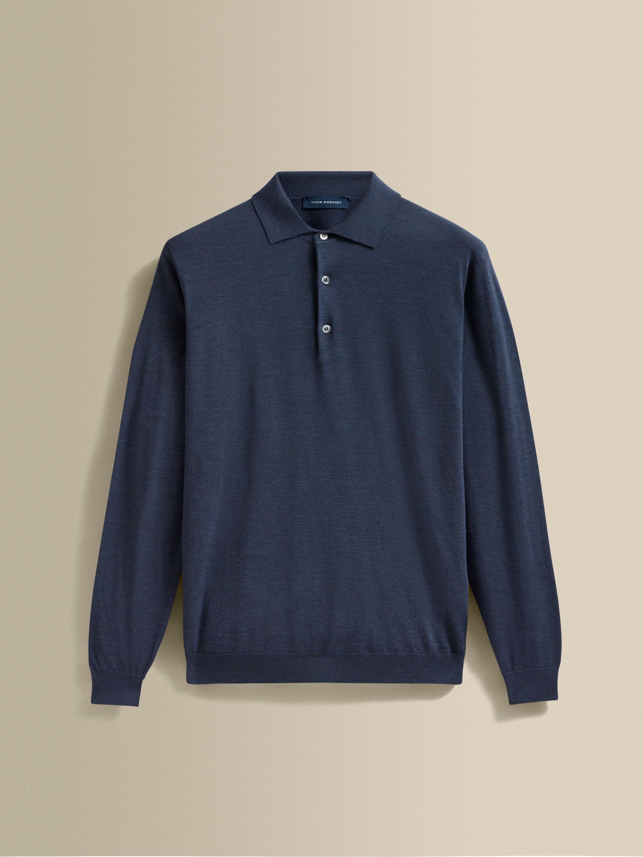 Merino Wool Fine Gauge Long Sleeve Polo Shirt Denim Product Image