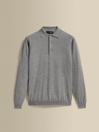 Merino Wool Fine gauge Long Sleeve Polo Shirt Grey Product Image