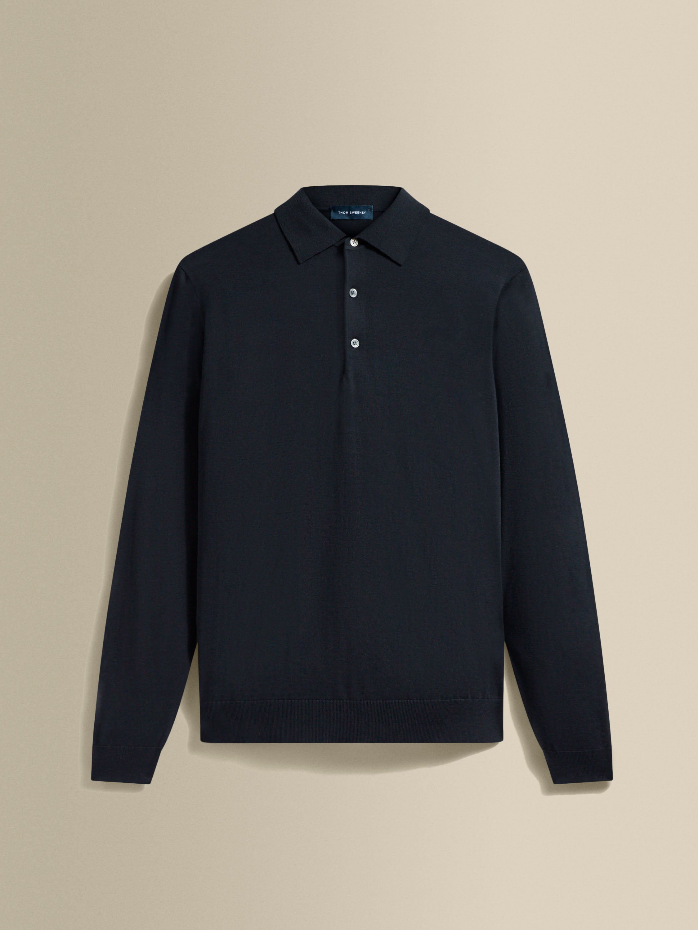 Merino Wool Fine Gauge Long Sleeve Polo Shirt Navy Product Image