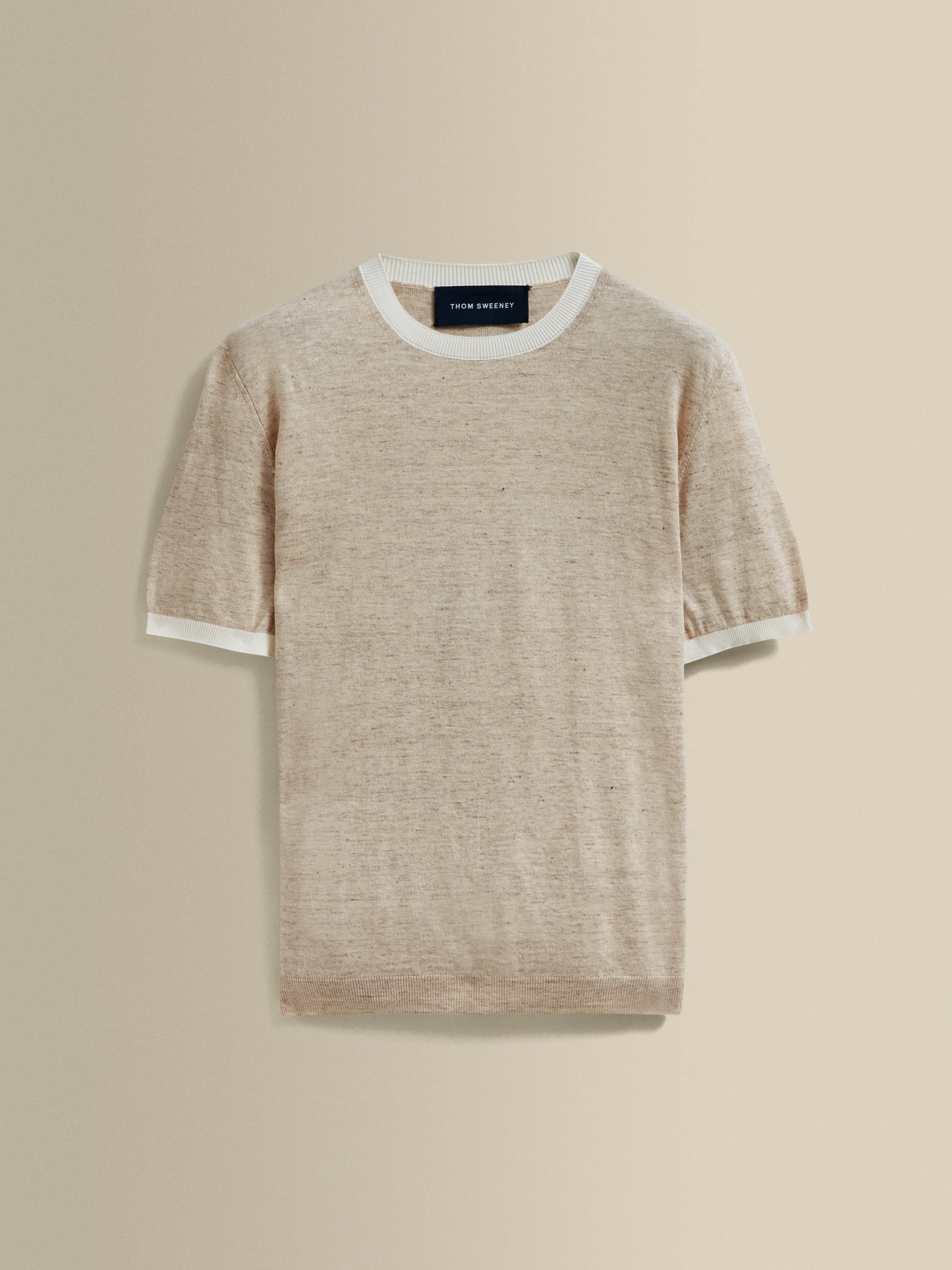 Linen Cotton Contrast Rib T-Shirt Sand White Product Image