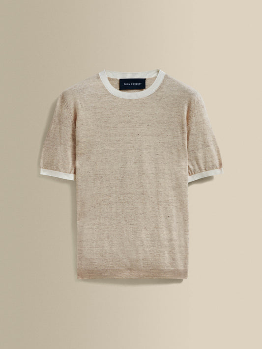 Linen Cotton Contrast Rib T-Shirt Sand White Product Image