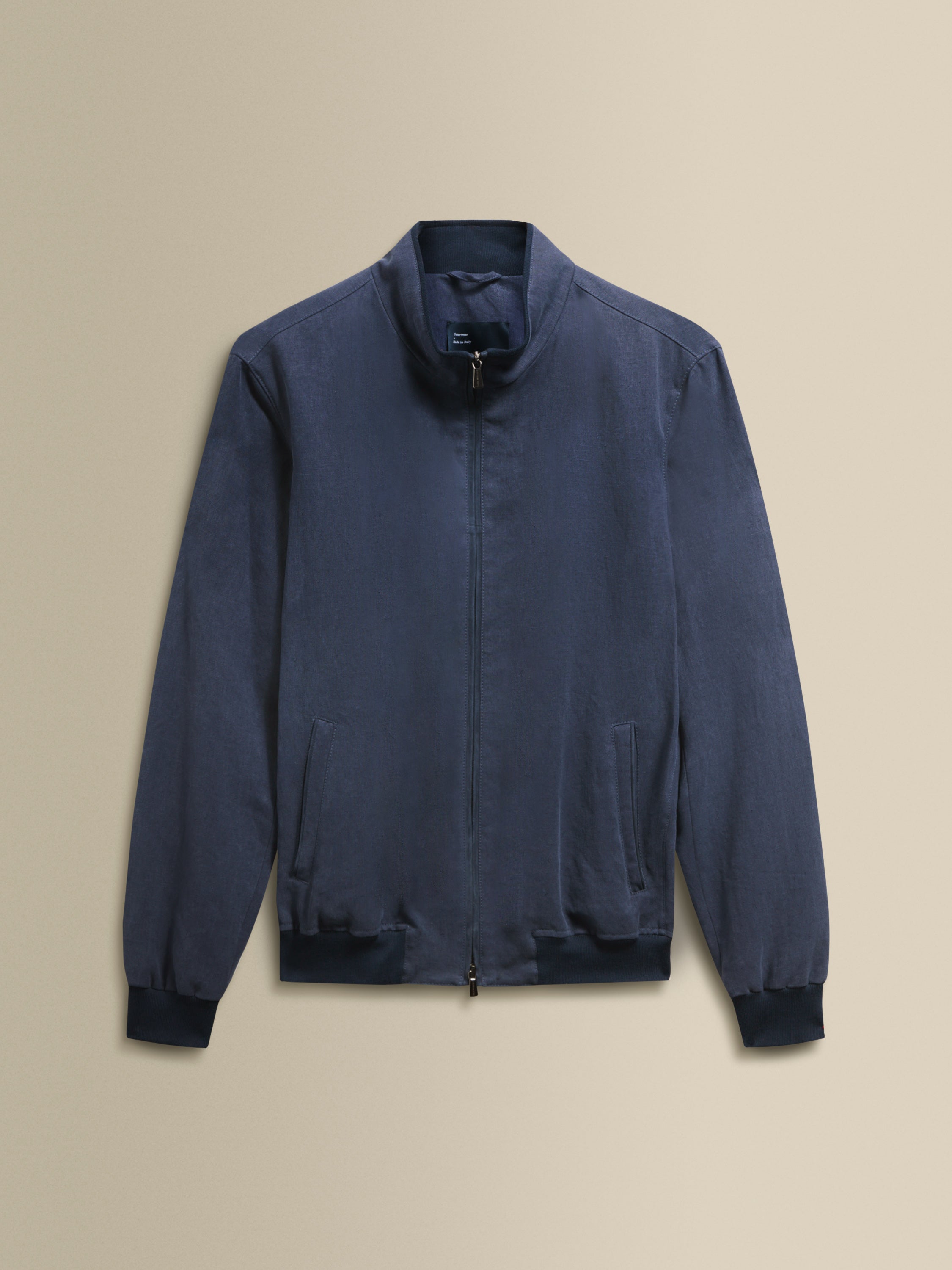 Linen Zip-Through Mock Collar Bomber Jacket Navy Product Image
