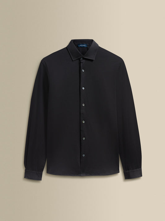 Cotton Jersey Long Sleeve Button Through Polo Shirt Black Product Image