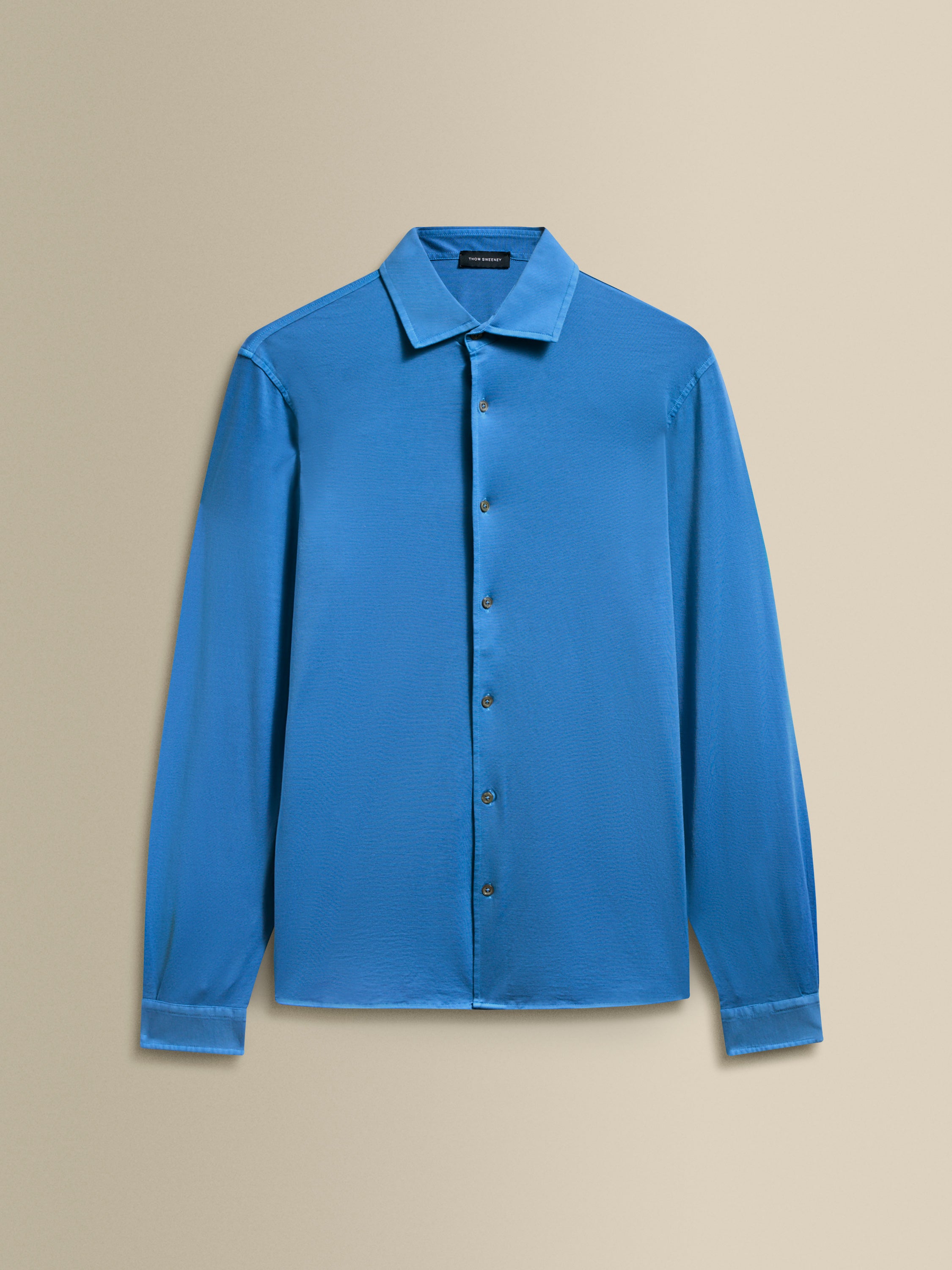 Cotton Jersey Long Sleeve Button Through Polo Shirt Mid Blue Product Image