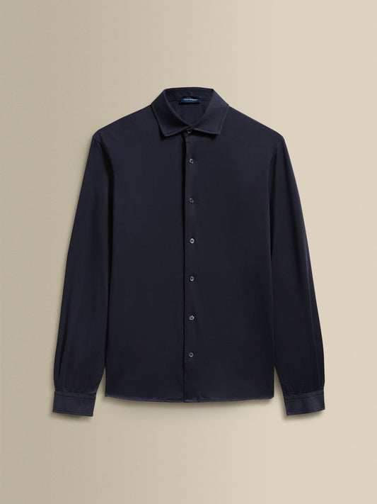 Cotton Jersey Long Sleeve Button Through Polo Shirt Navy Product Image