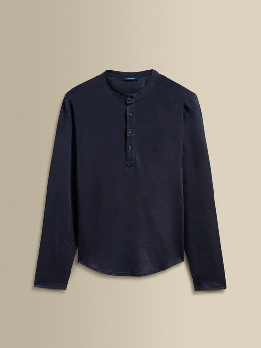 Linen Long Sleeve Henley T-Shirt Navy Product Image