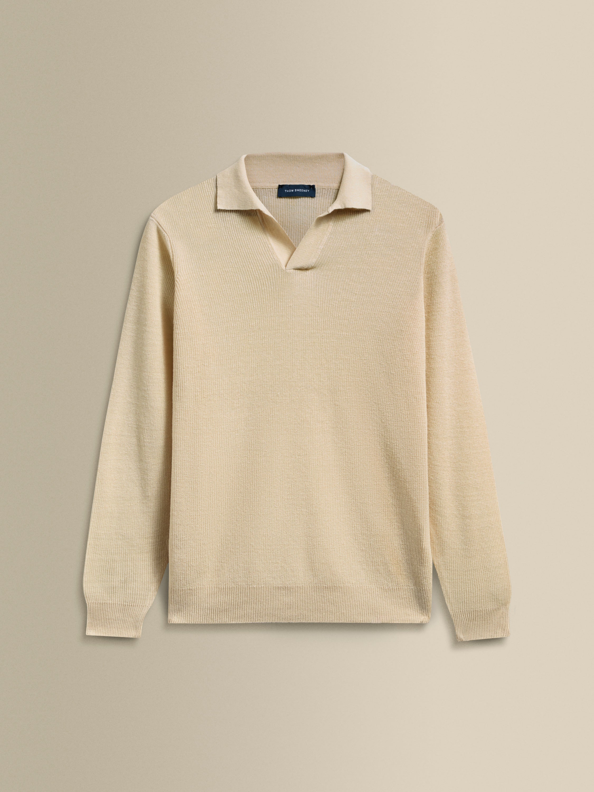 Linen Cotton Long Sleeve Skipper Polo Shirt Beige Product Image