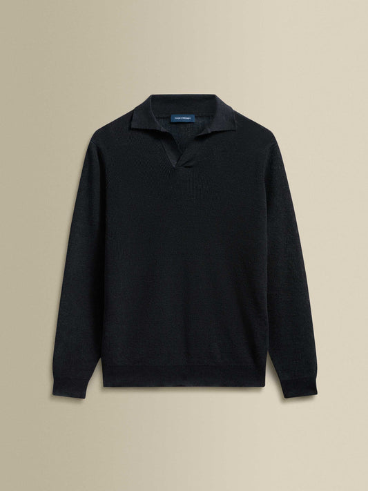 Linen Cotton Long Sleeve Skipper Polo Shirt Black Product Image