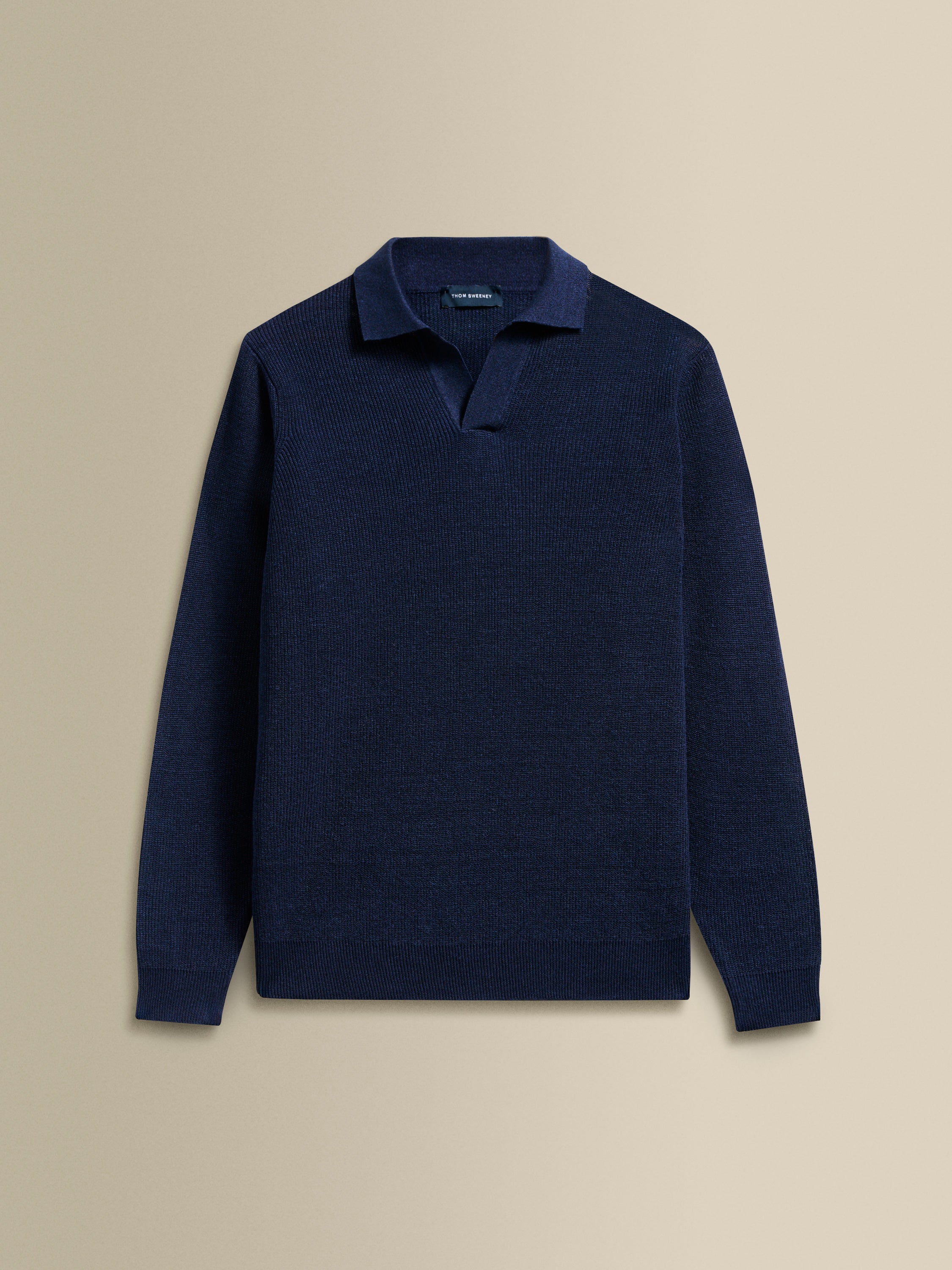 Linen Cotton Long Sleeve Skipper Polo Shirt Navy Product Image