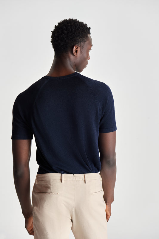 Knitted Cotton Raglan T-Shirt Navy Crop Back Model Image