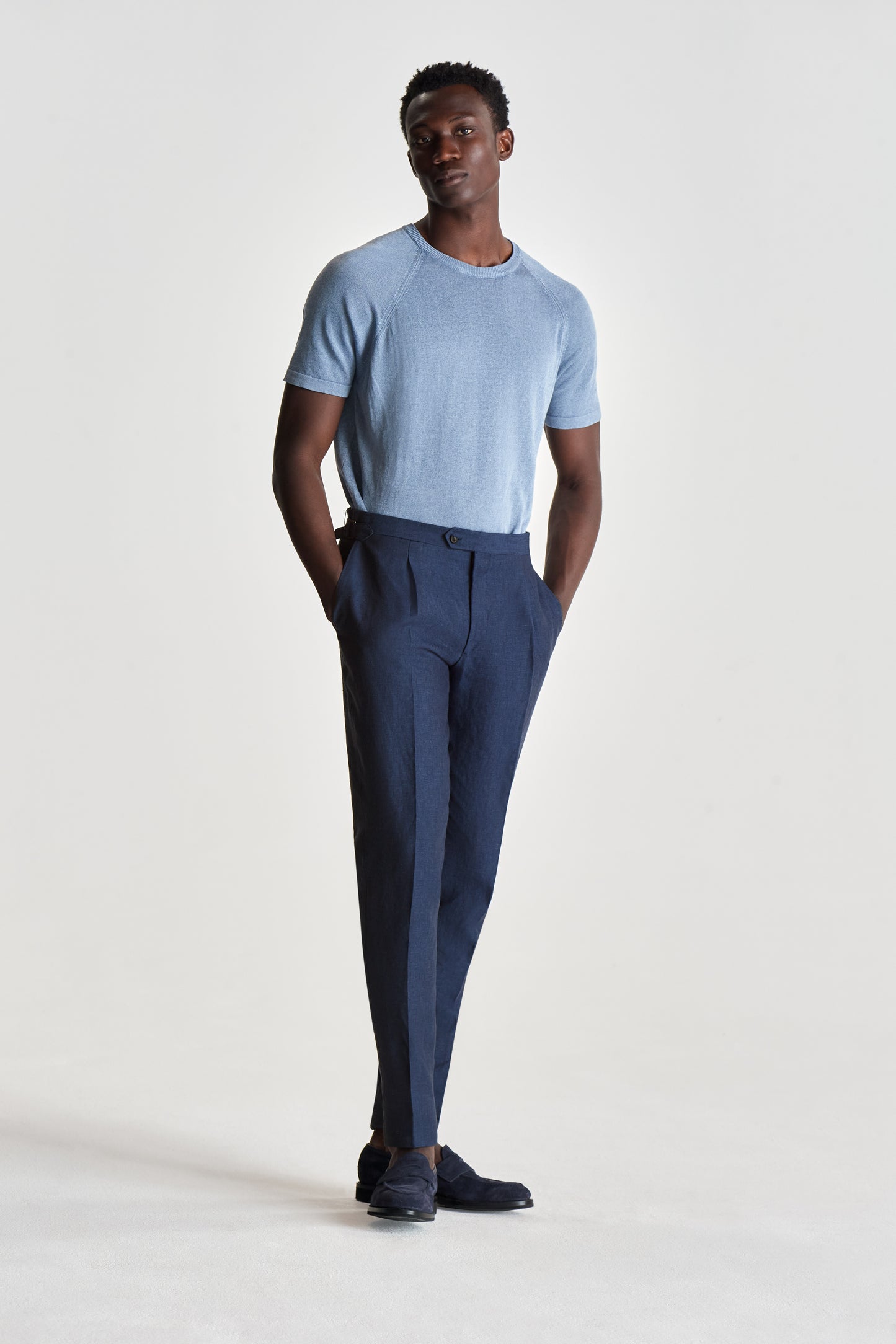 Linen Single Pleat Trousers Navy Full Length Model Image
