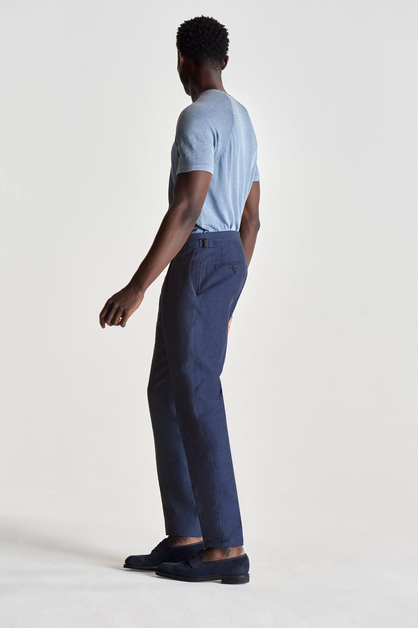 Linen Single Pleat Trousers Navy Back Full Length Model Image