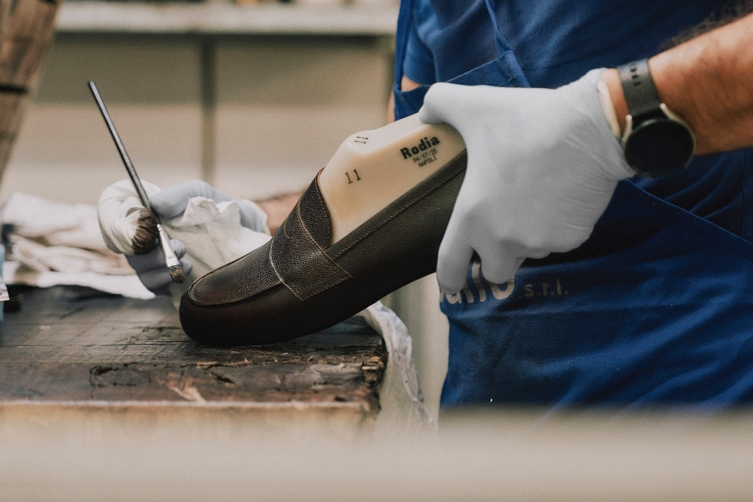 Pebble Grain Leather Loafer Being Painted 