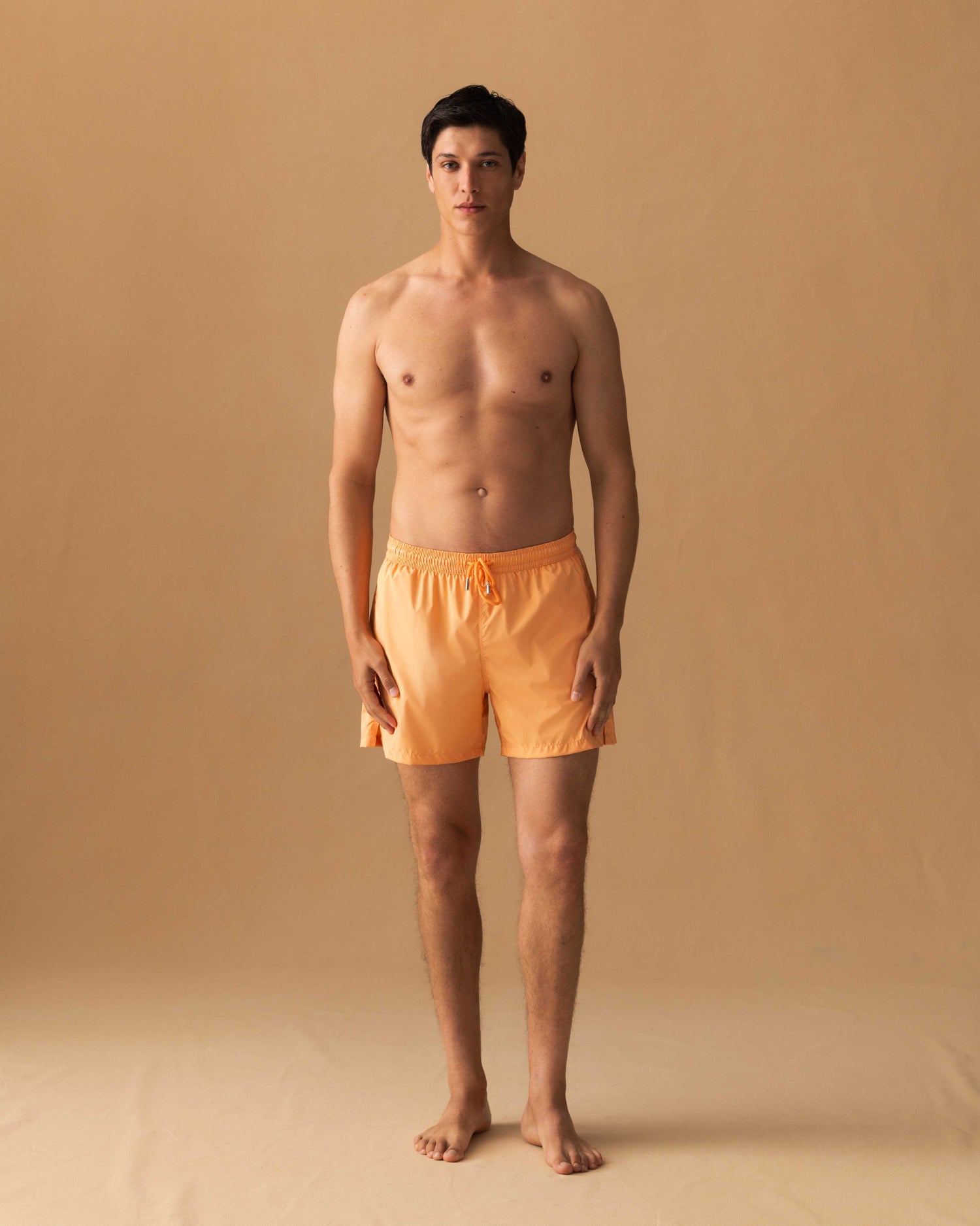 Nylon Mid Length Swim Shorts Orange Model Image