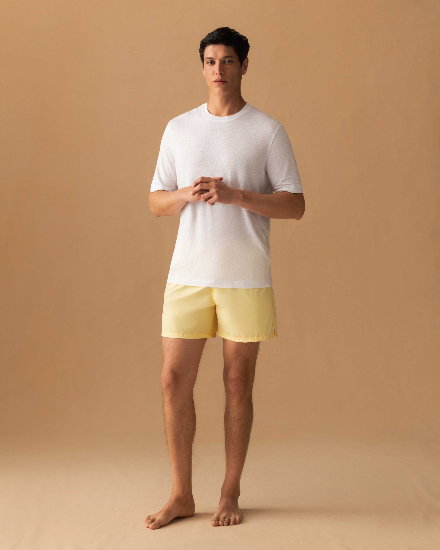 Nylon Mid Length Swim Shorts Yellow Model Image