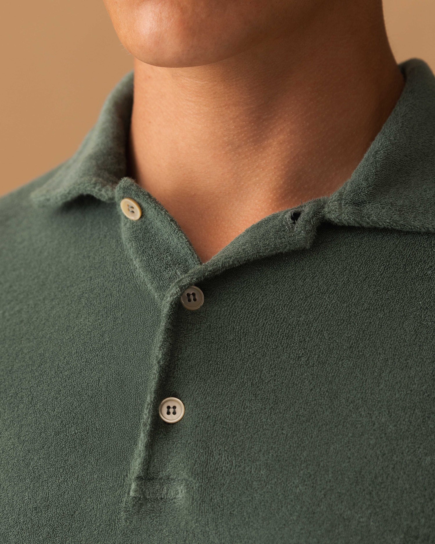 Terry Cotton Polo Shirt Sage Collar Model Image