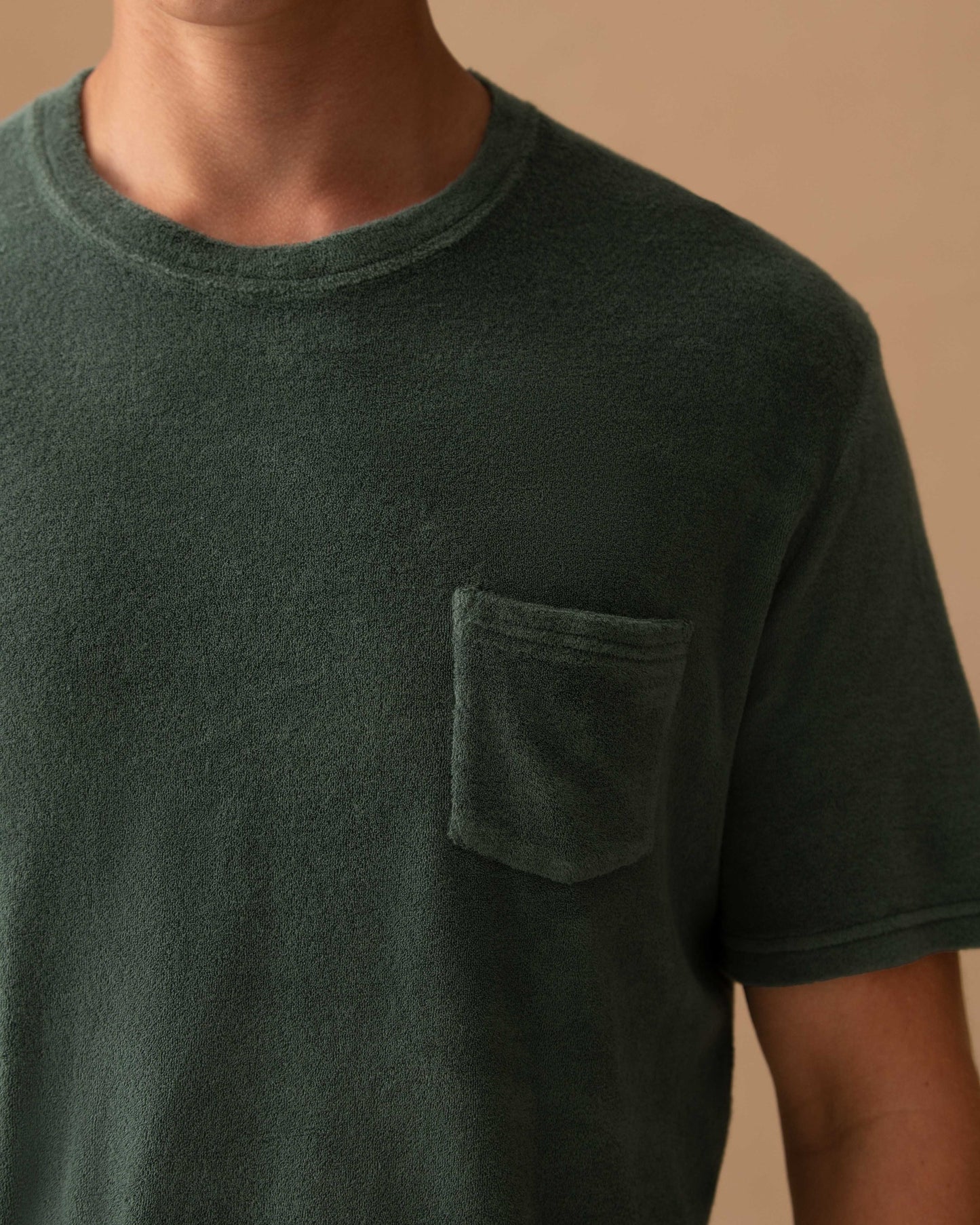Terry Cotton Pocket T-Shirt Sage Model Pocket Image