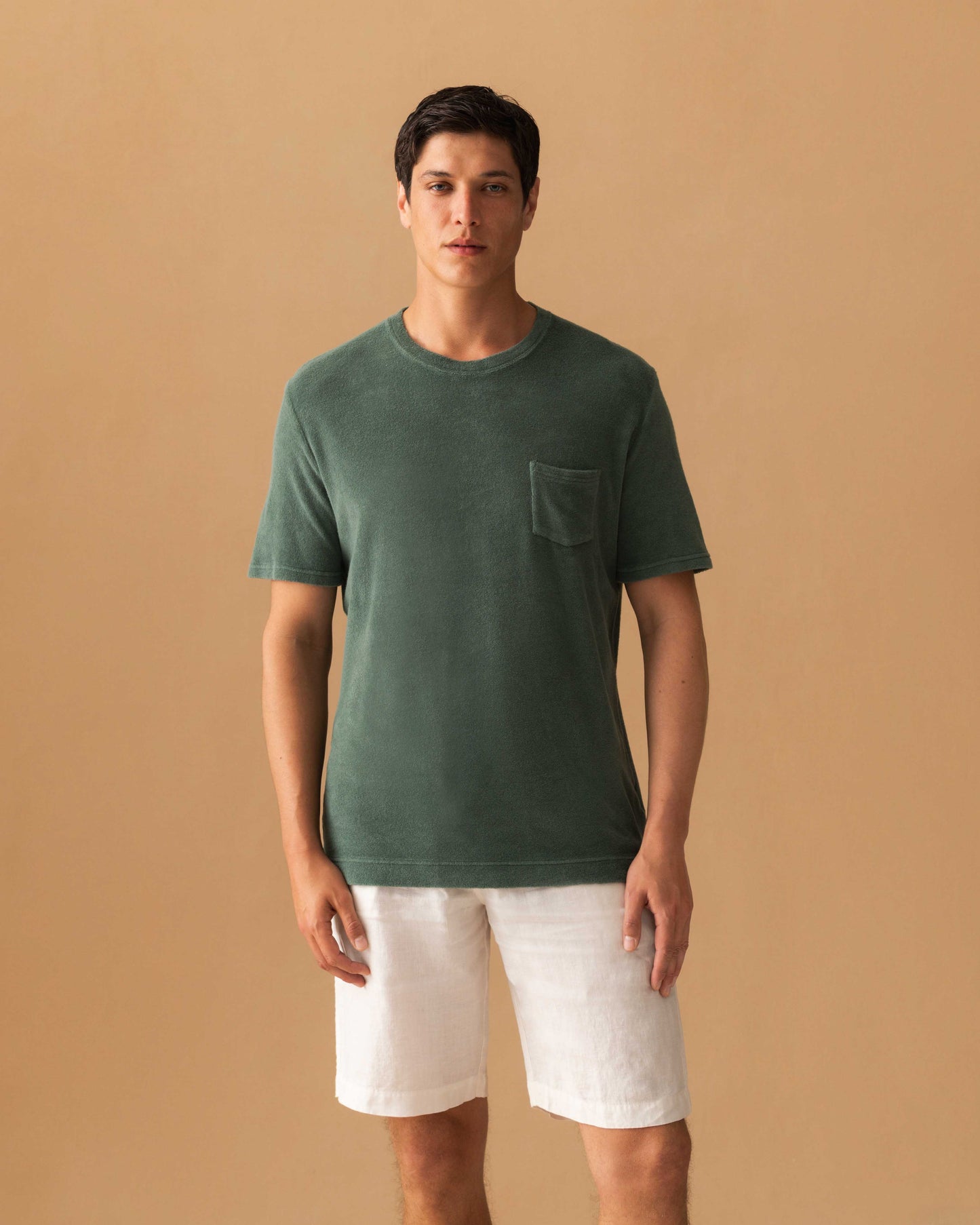 Terry Cotton Pocket T-Shirt Sage Model Cropped Image