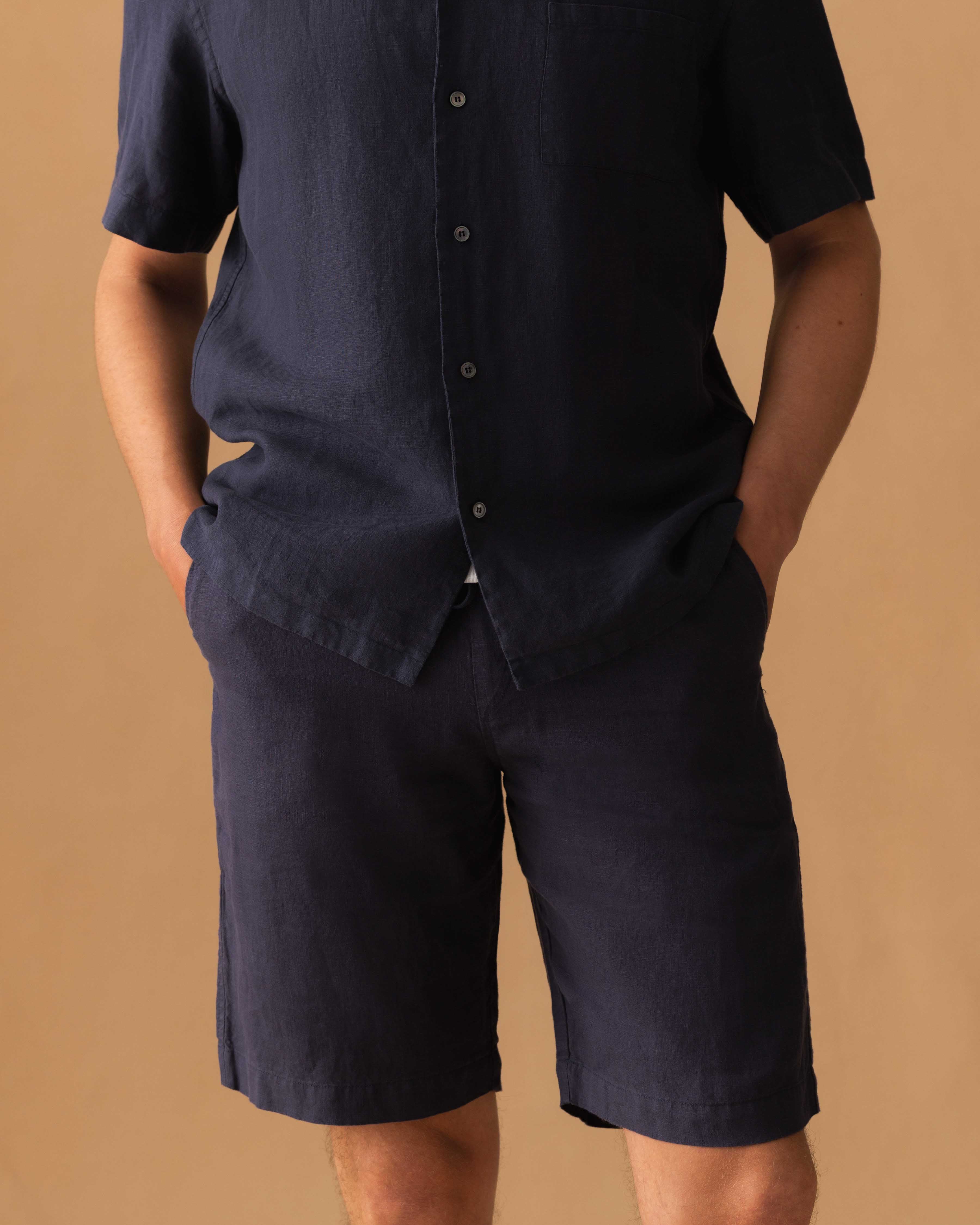 Linen Drawstring Shorts Navy Model Cropped Image