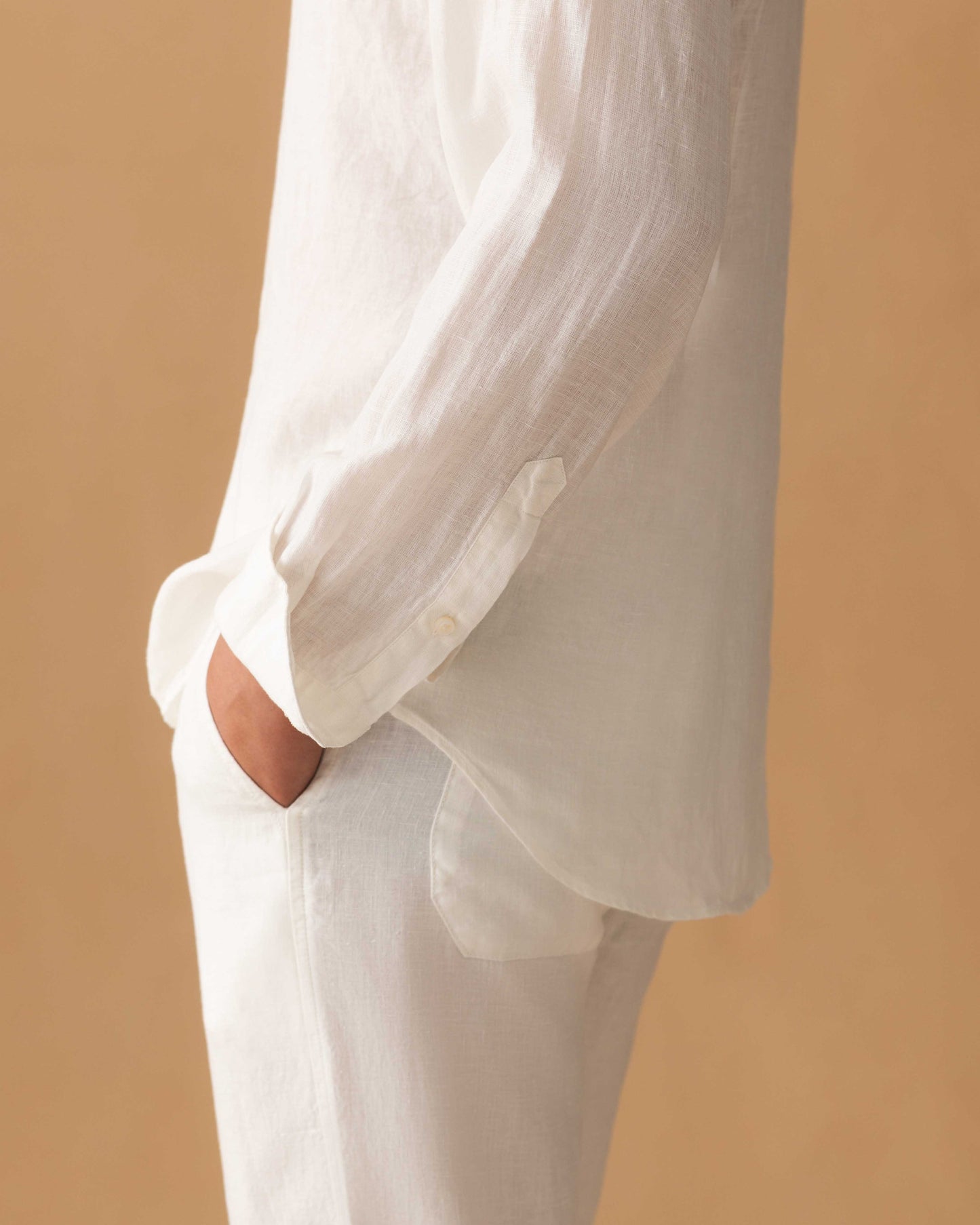 Linen Drawstring Trousers White Model Pocket Image