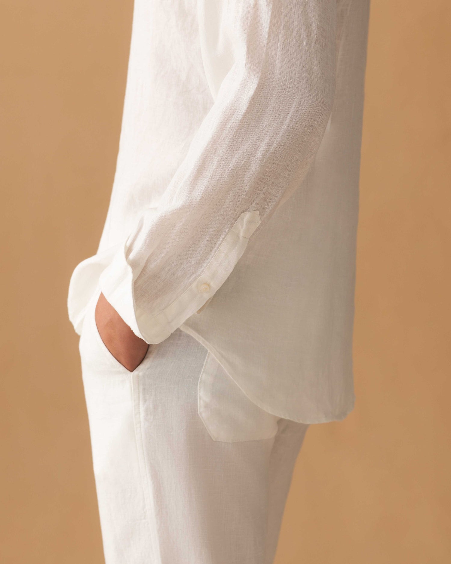 Linen Drawstring Trousers White Model Pocket Image