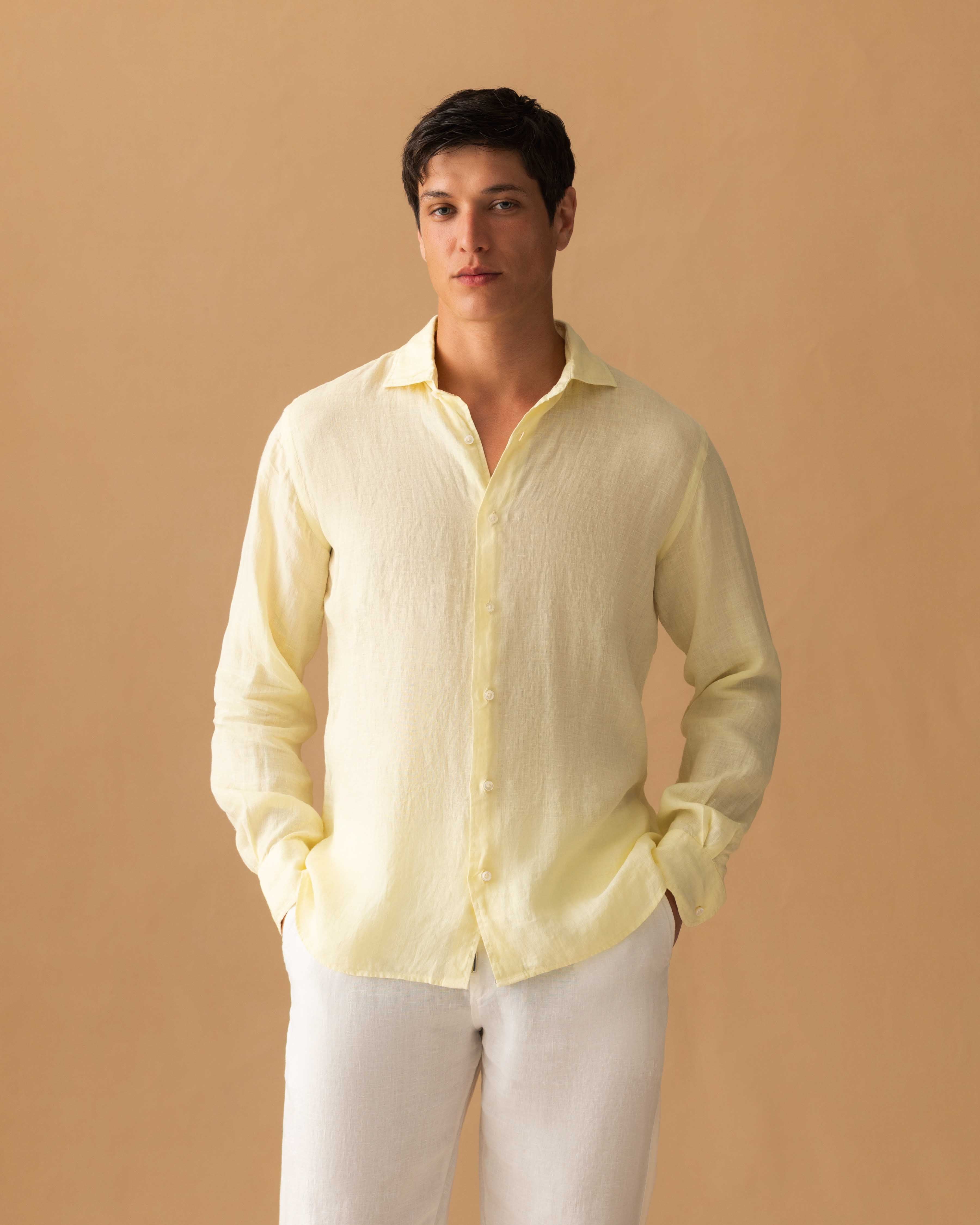 Linen Cutaway Collar Shirt Yellow Model Cropped Image