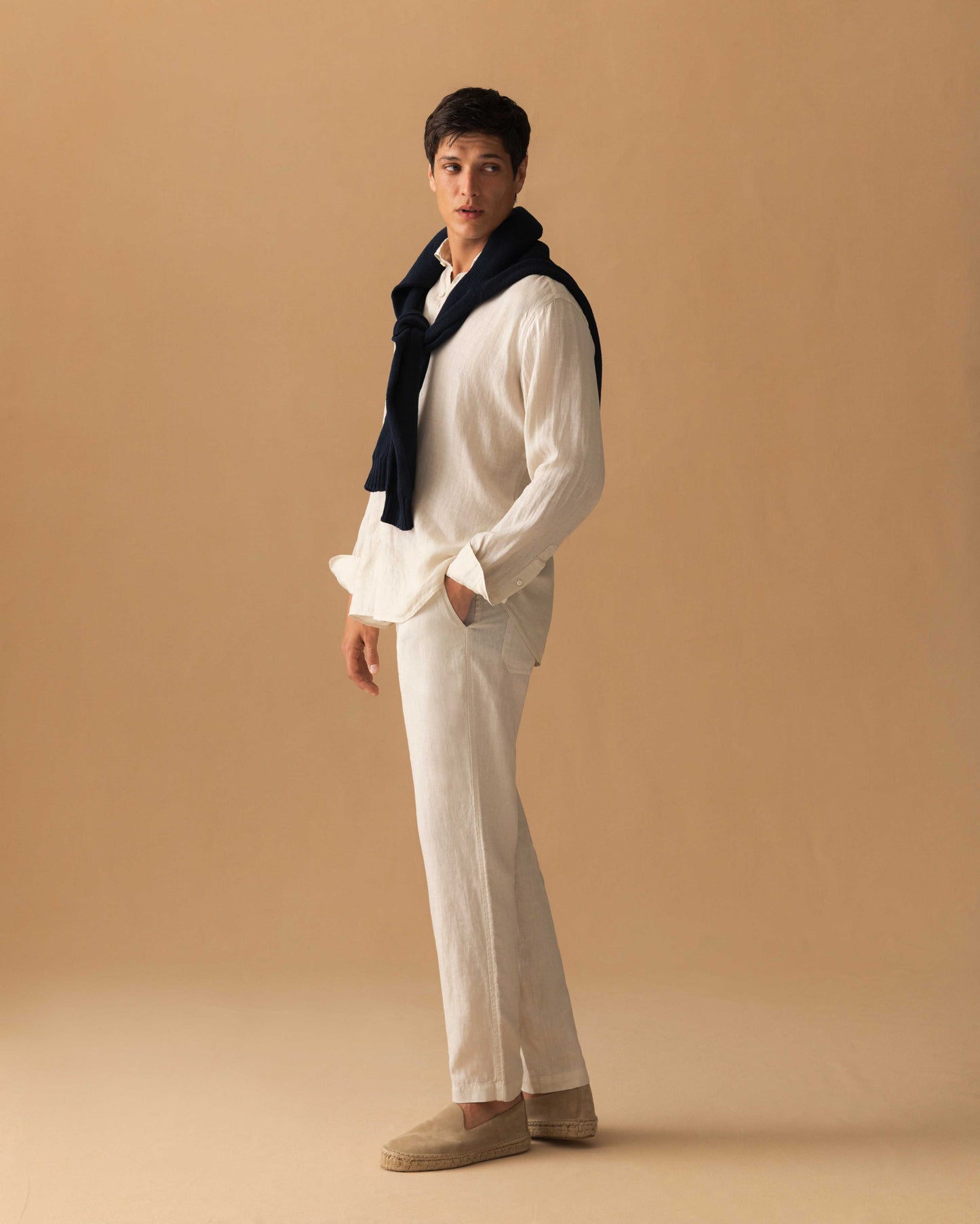 Linen Drawstring Trousers Beige Model Back Image