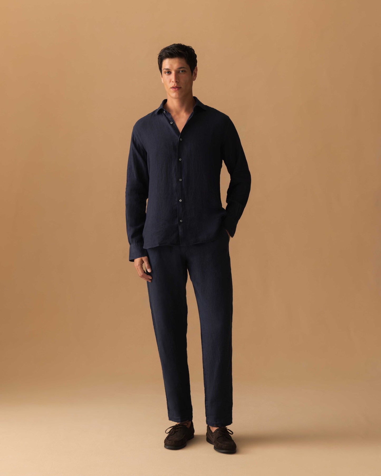 Linen Drawstring Trousers Navy Model Image
