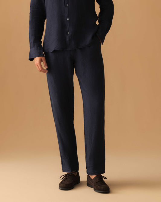 Linen Drawstring Trousers Navy Model Cropped Image