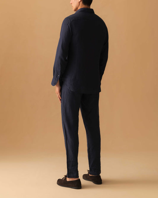 Linen Drawstring Trousers Navy Model Back Image