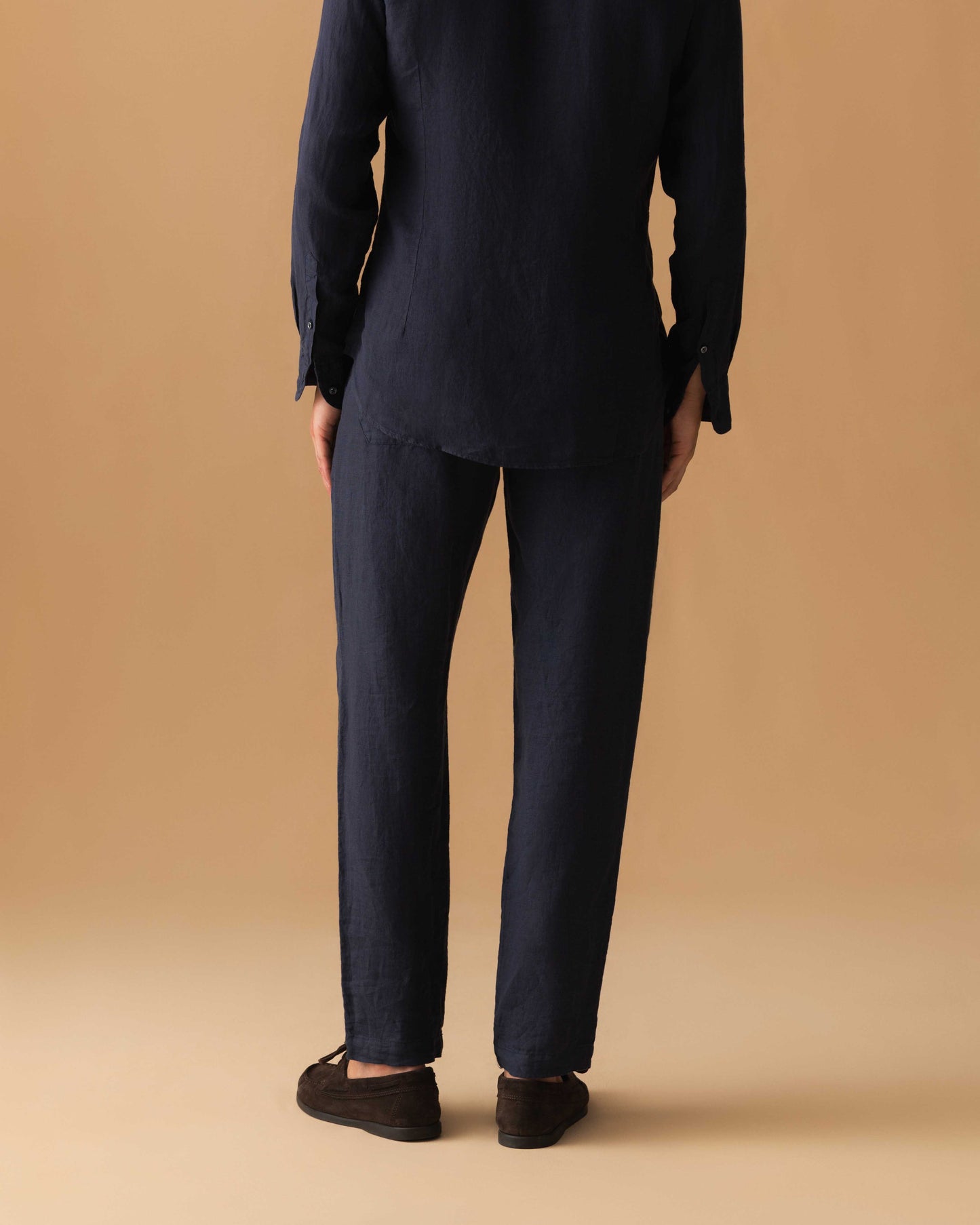 Linen Drawstring Trousers Navy Model Cropped Back Image