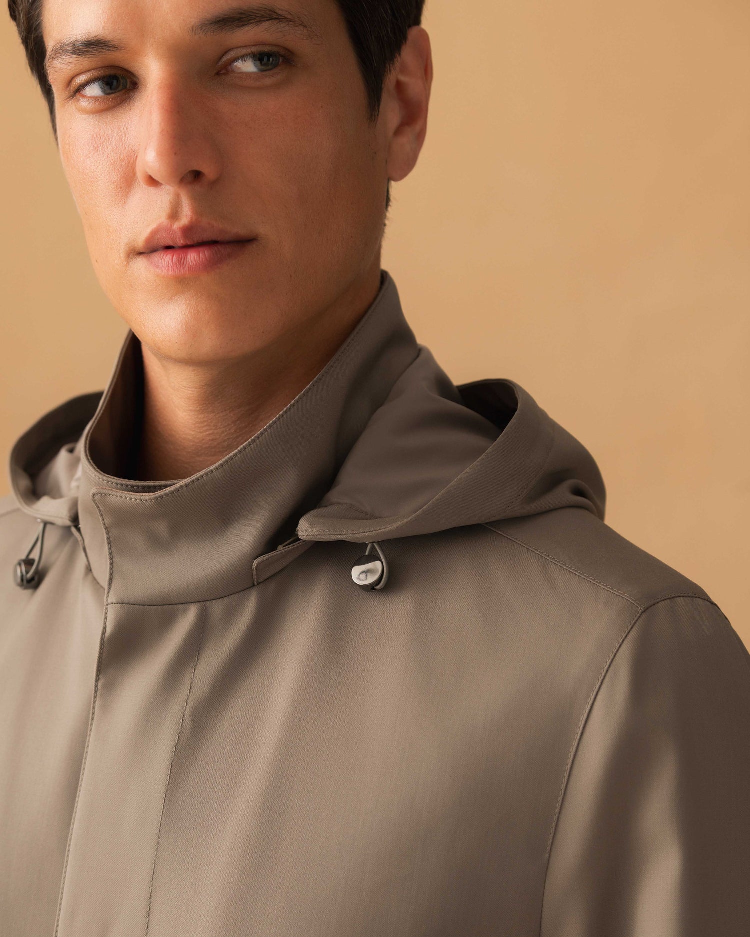 Technical Wool Field Jacket Taupe Model Hood Image