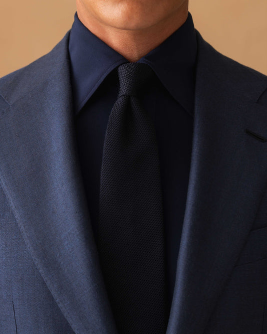 Wool Silk Single Breasted Suit Midnight Navy Jacket Model Tie Image