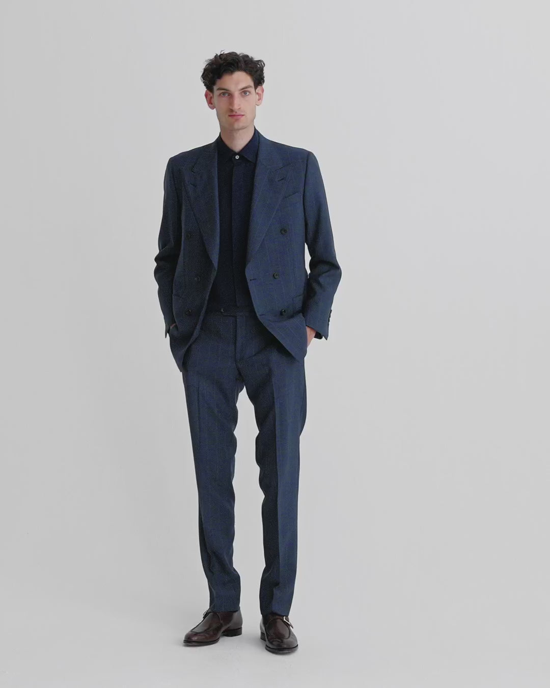 Wool Double Breasted Pin Stripe Suit Navy Pin Stripe Model Video 