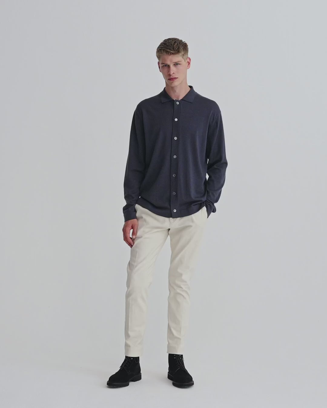 Merino Wool Extrafine Long Sleeve Button Through Polo Shirt Steel Model Video