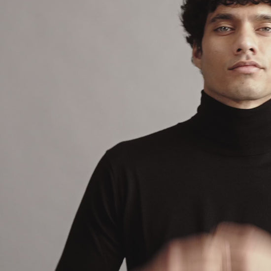 Merino Wool Extrafine Roll Neck Sweater Black Model Video