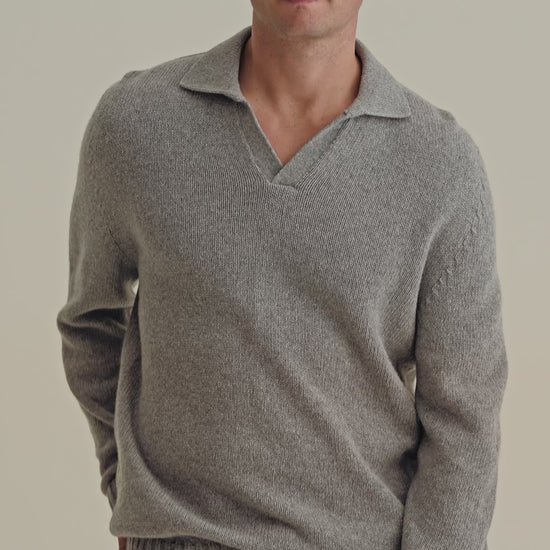 Cashmere Long Sleeve Skipper Polo Shirt Grey Model Video