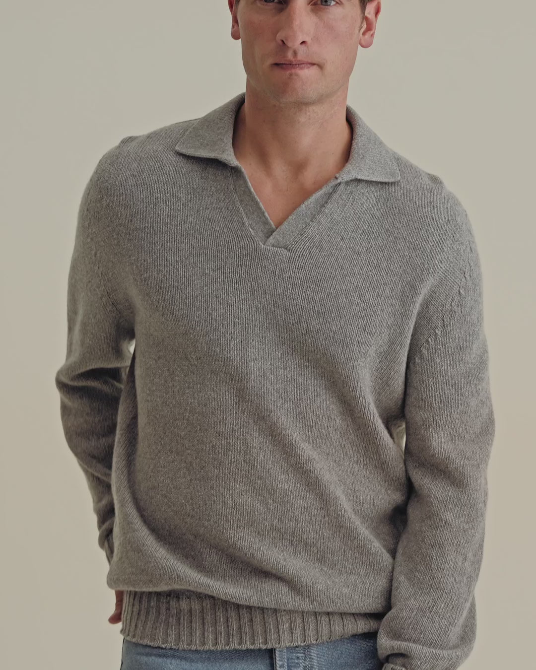 Cashmere Long Sleeve Skipper Polo Shirt Grey Model Video