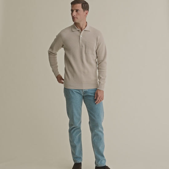 Wool Long Sleeve Polo Shirt Beige Model Video