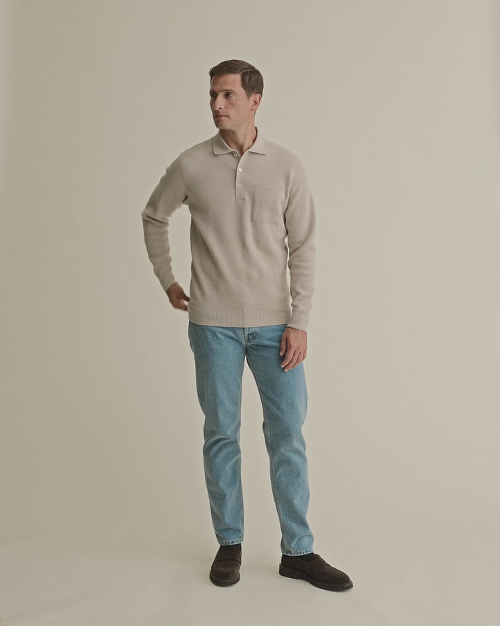 Wool Long Sleeve Polo Shirt Beige Model Video