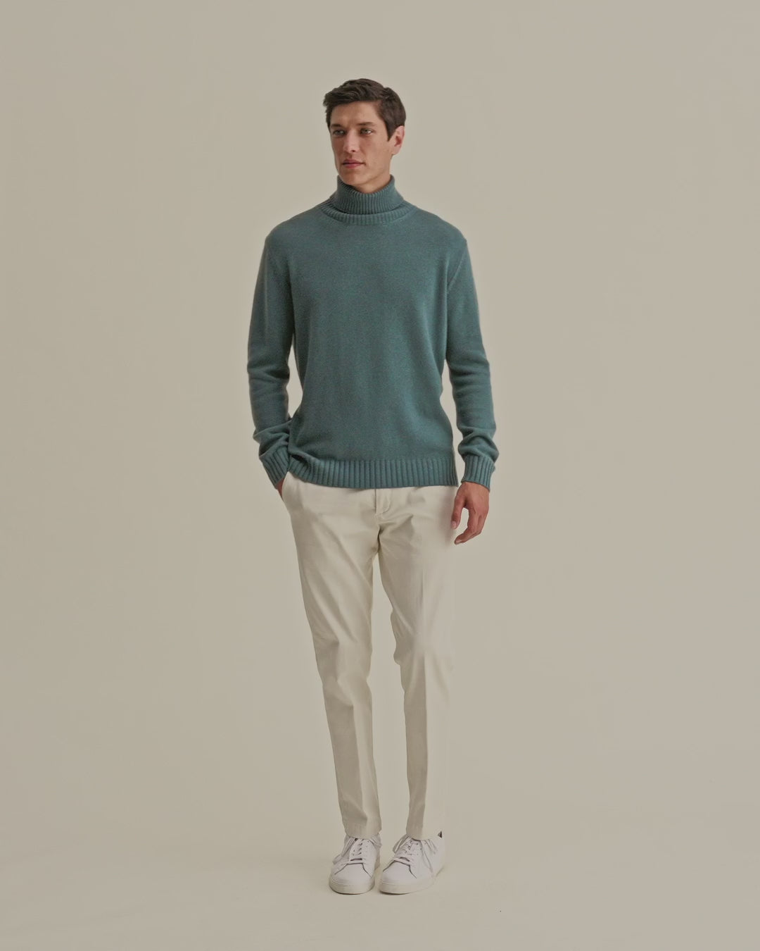 Cashmere Roll Neck Sweater Powder Blue Model Video