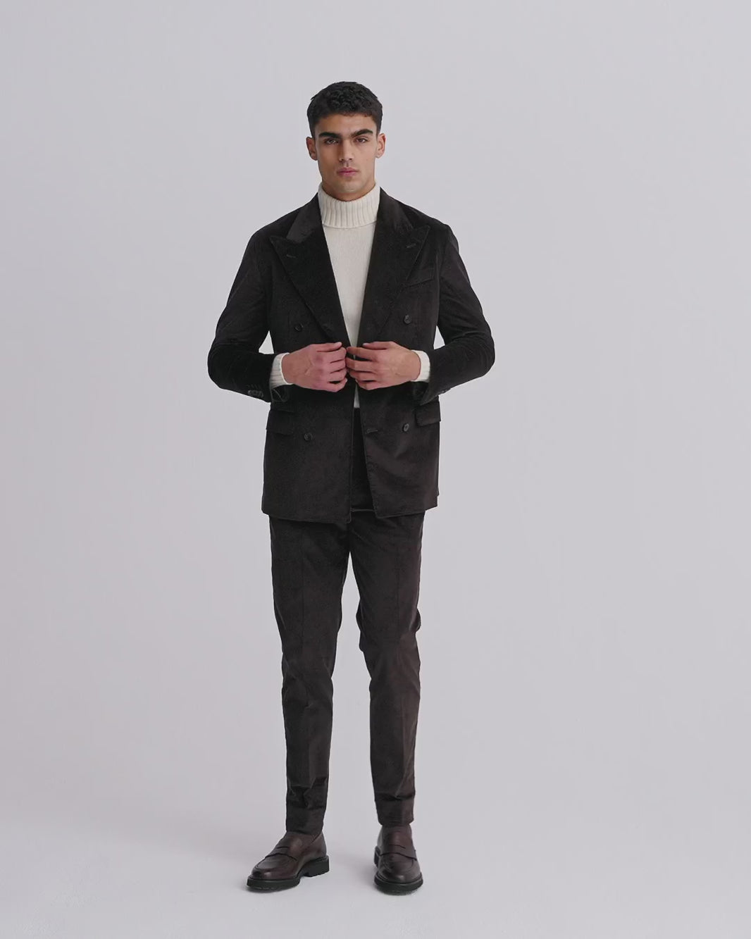 Corduroy Double Breasted Peak Lapel Suit Dark Brown Jacket Model Video