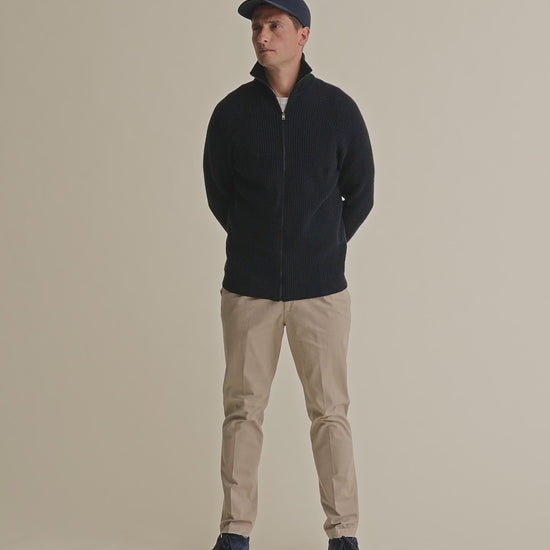 Cashmere Zip-Through Fisherman Rib Sweater Navy Model Video