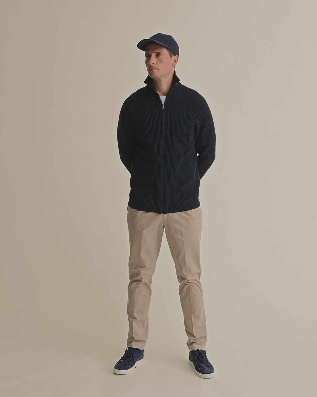 Cashmere Zip-Through Fisherman Rib Sweater Navy Model Video