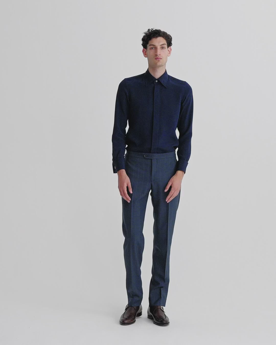 Silk Lecce Collar Fly Front Shirt Navy Model Video